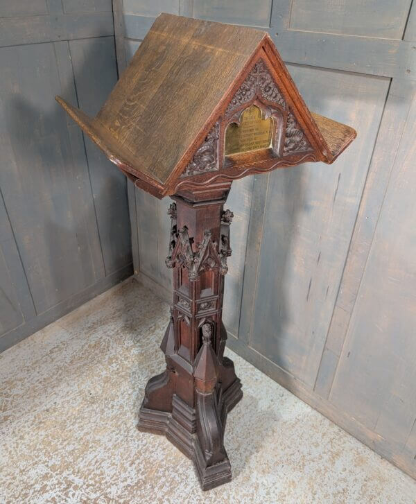 Marvellous 1853 Gothic Memorial Oak Pedestal Lectern With Lions