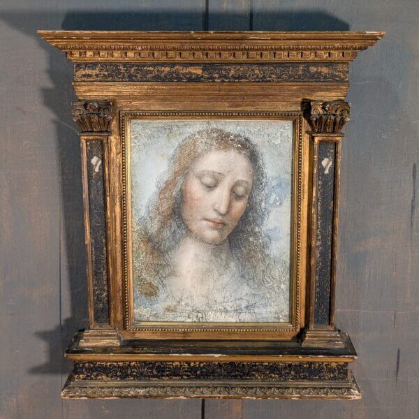 An Antique Chromolithograph of Leonardo da Vinci's 'The Redeemer' in an Ornate Portico Carved Wooden Frame