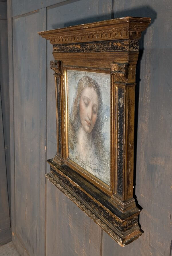 An Antique Chromolithograph of Leonardo da Vinci's 'The Redeemer' in an Ornate Portico Carved Wooden Frame