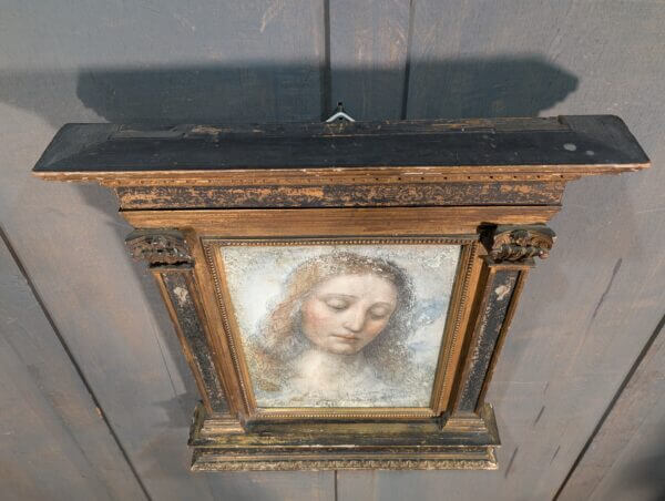 An Antique Chromolithograph of Leonardo da Vinci's 'The Redeemer' in an Ornate Portico Carved Wooden Frame