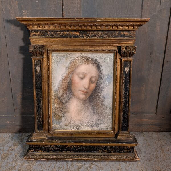 An Antique Chromolithograph of Leonardo da Vinci's 'The Redeemer' in an Ornate Portico Carved Wooden Frame