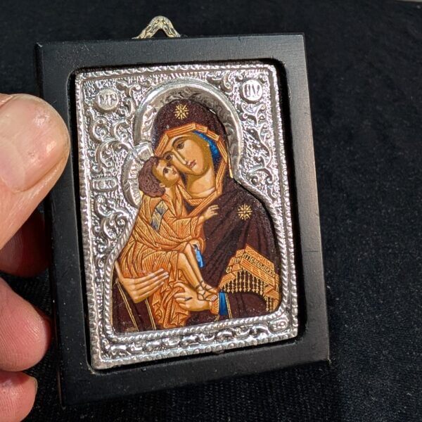 Virgin Mary of Vladimir Painted Icon Mounted in 925 Silver