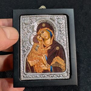 Virgin Mary of Vladimir Painted Icon Mounted in 925 Silver