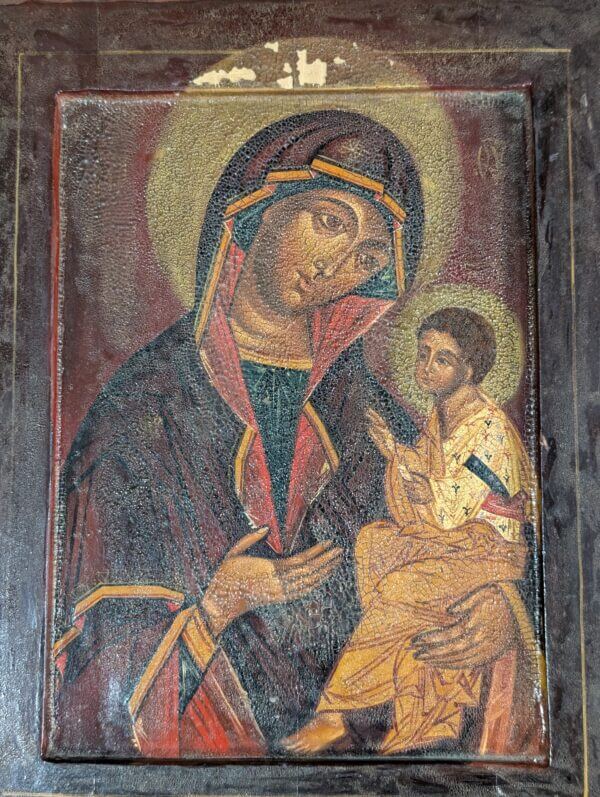 Painted Wooden Eastern Orthodox Icon of Mother & Child