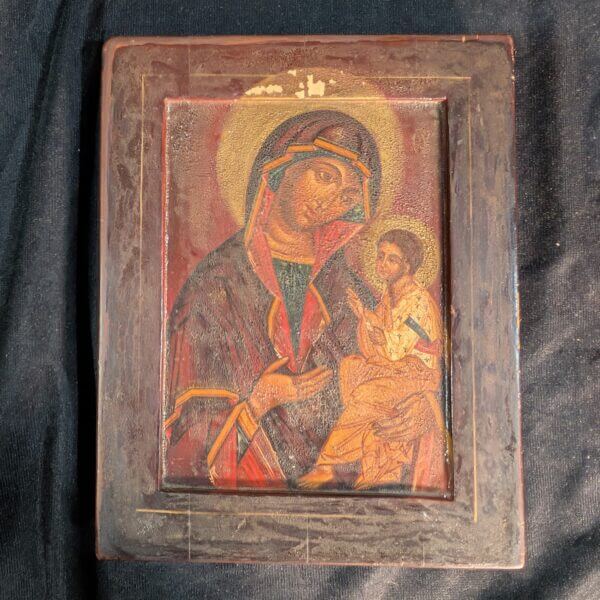 Painted Wooden Eastern Orthodox Icon of Mother & Child