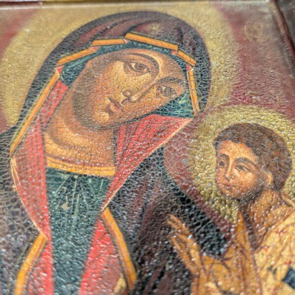 Painted Wooden Eastern Orthodox Icon of Mother & Child