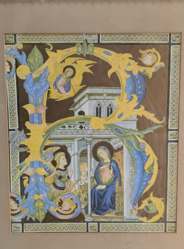 Framed Colour Print from an Early Illuminated Manuscript Depicting The Annunciation