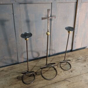 Unusual & Striking 1970's Vintage Wrought Iron Altar Crucifix & Candlestick Set