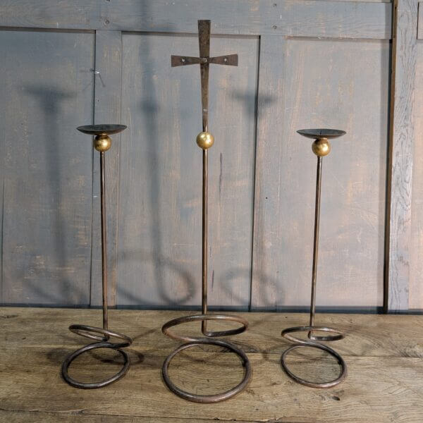 Unusual & Striking 1970's Vintage Wrought Iron Altar Crucifix & Candlestick Set