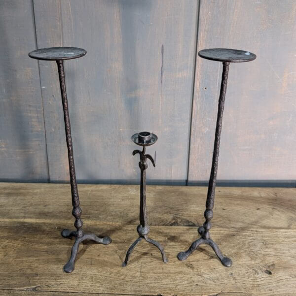 Blacksmith Made Beaten Iron Set of Three Medium Size Candlesticks