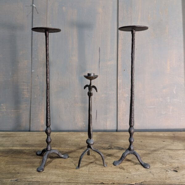 Blacksmith Made Beaten Iron Set of Three Medium Size Candlesticks