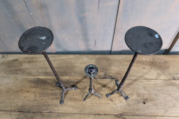 Blacksmith Made Beaten Iron Set of Three Medium Size Candlesticks