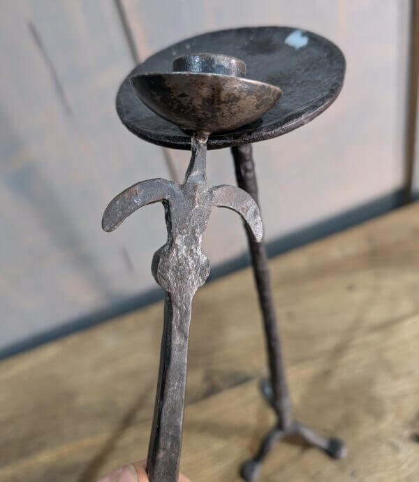 Blacksmith Made Beaten Iron Set of Three Medium Size Candlesticks