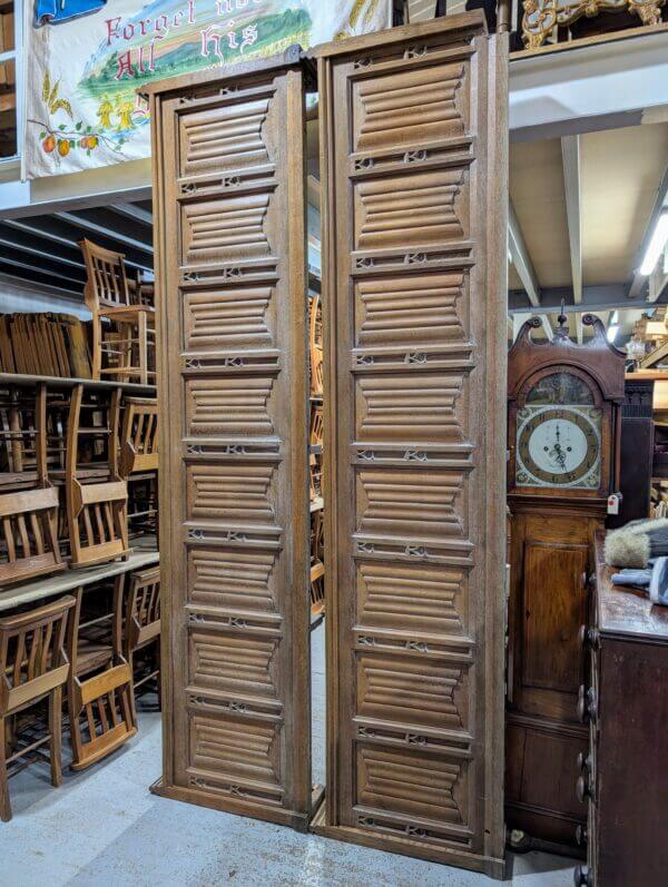 Two Attractive Long Antique Gothic Linenfold Oak Panels Fronts Frontages Panelling