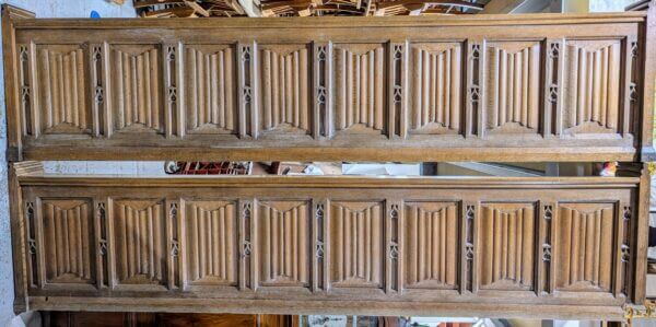 Two Attractive Long Antique Gothic Linenfold Oak Panels Fronts Frontages Panelling