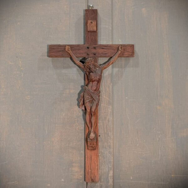 Medium Size Carved French Wooden Crucifix with INRI Plaque