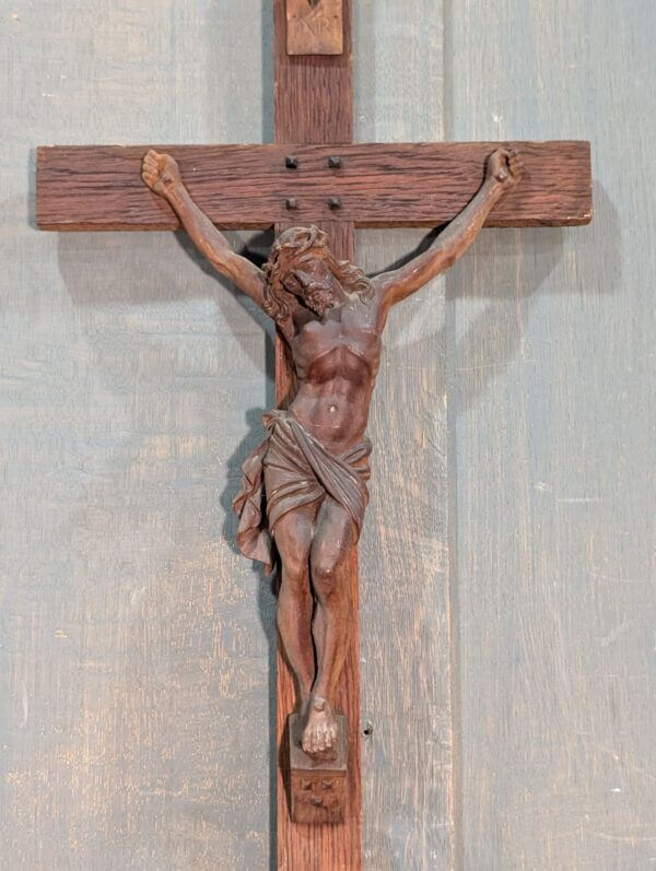 Medium Size Carved French Wooden Crucifix with INRI Plaque