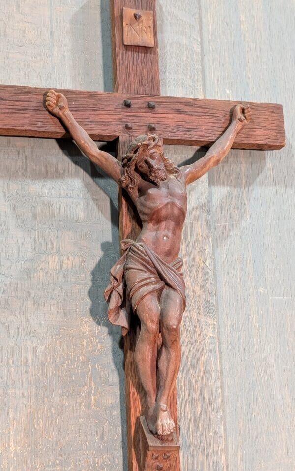 Medium Size Carved French Wooden Crucifix with INRI Plaque