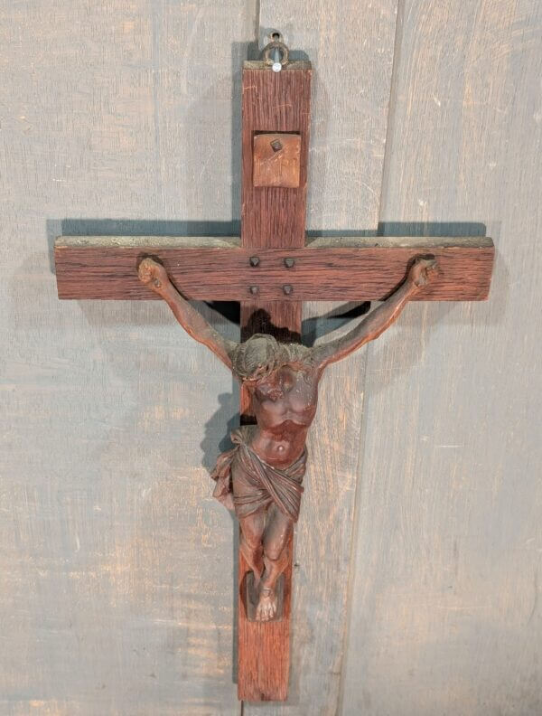 Medium Size Carved French Wooden Crucifix with INRI Plaque