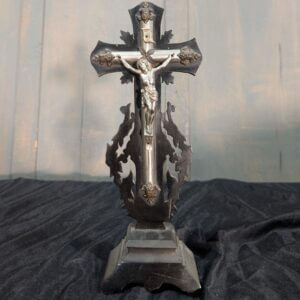 Ebonised Highly Ornate French Black and Silver Coloured Metal Table Crucifix