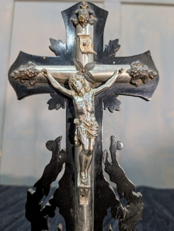 Ebonised Highly Ornate French Black and Silver Coloured Metal Table Crucifix