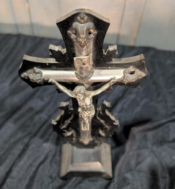 Ebonised Highly Ornate French Black and Silver Coloured Metal Table Crucifix