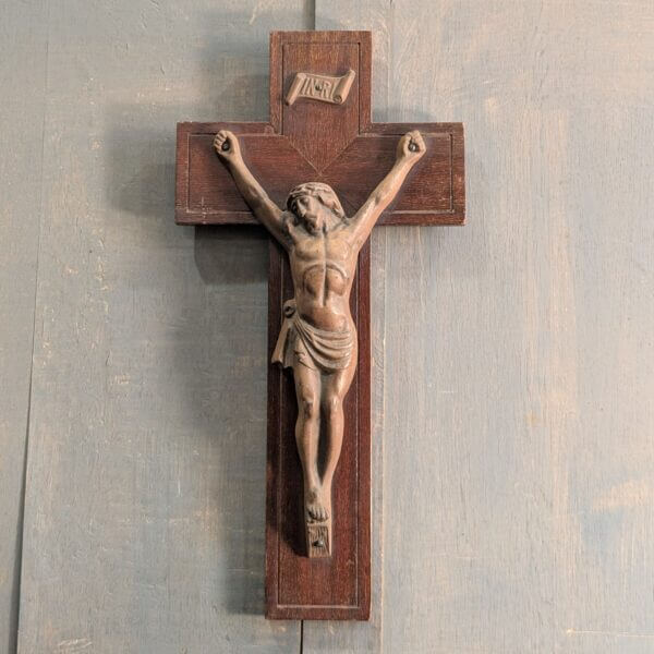 Well Crafted & Heavy 1930's Vintage Iron & Teak French Crucifix