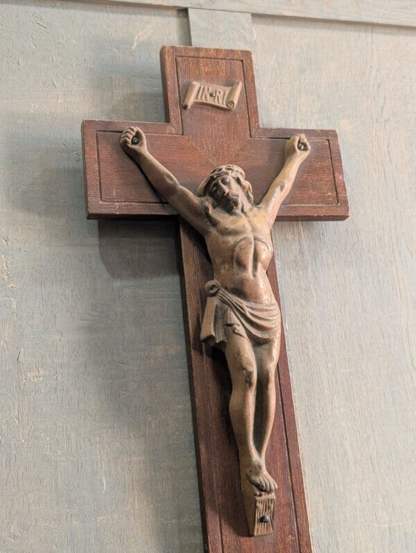 Well Crafted & Heavy 1930's Vintage Iron & Teak French Crucifix