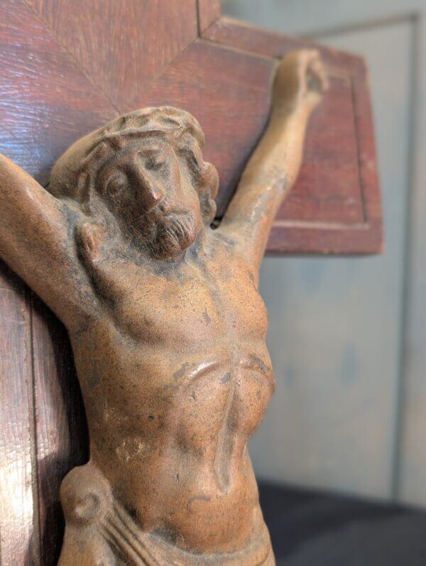 Well Crafted & Heavy 1930's Vintage Iron & Teak French Crucifix