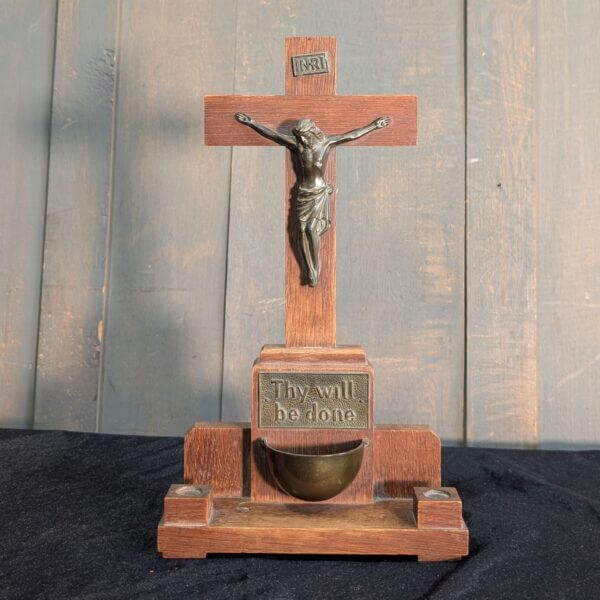 British 1950's Mid Century Oak & Brass Crucifix Stoop Candle Holder Shrine