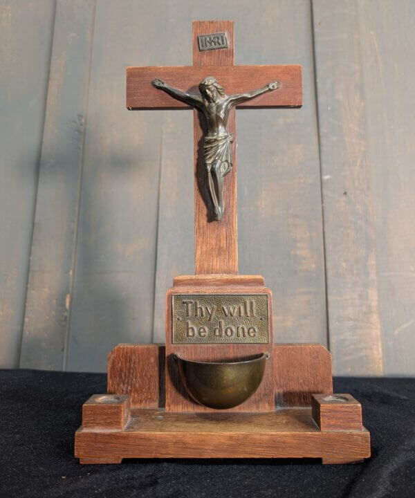 British 1950's Mid Century Oak & Brass Crucifix Stoop Candle Holder Shrine