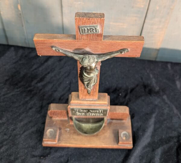 British 1950's Mid Century Oak & Brass Crucifix Stoop Candle Holder Shrine