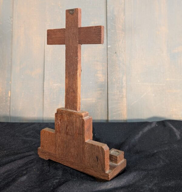 British 1950's Mid Century Oak & Brass Crucifix Stoop Candle Holder Shrine