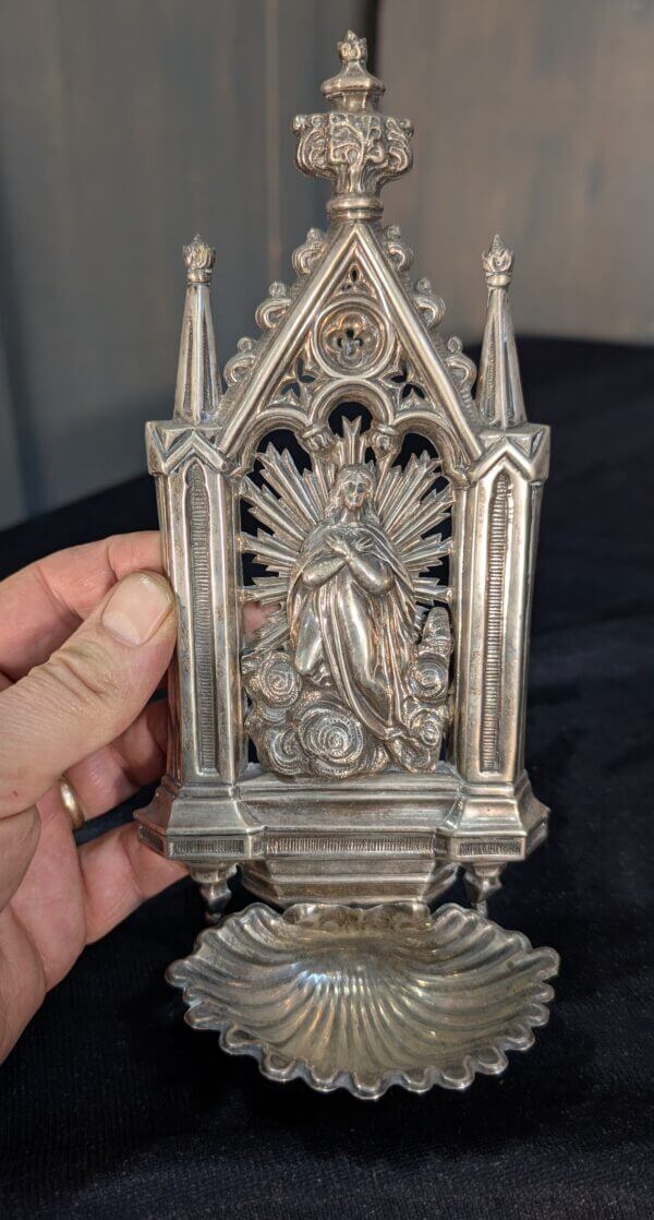 Fine Antique Probably Silver French Holy Water Stoop Piscina with Our Lady