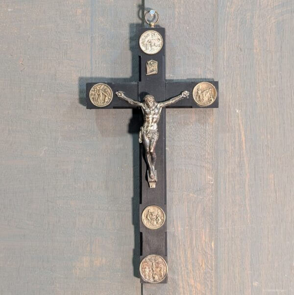 Ebonised Vatican City Souvenir Vintage Crucifix with Scenes of Christ's Passion