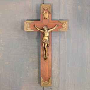 Quality 1950's Vintage French Teak Brass & Spelter Crucifix