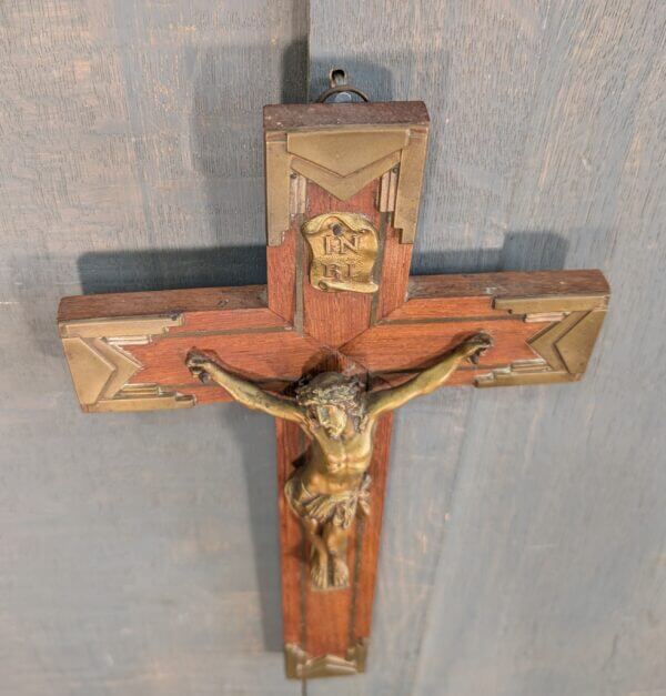 Quality 1950's Vintage French Teak Brass & Spelter Crucifix