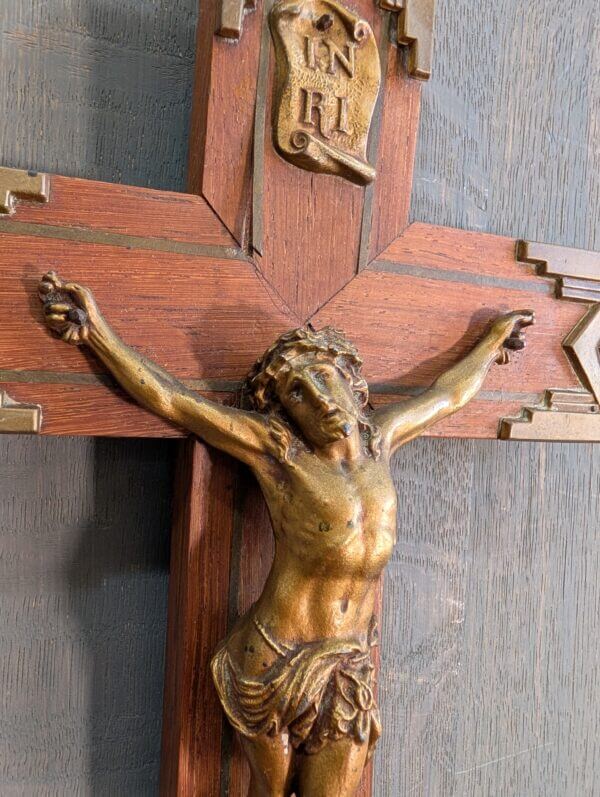 Quality 1950's Vintage French Teak Brass & Spelter Crucifix