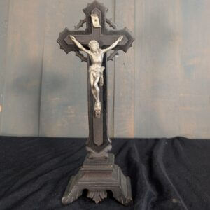 1930's Vintage French Black & Silver Metal Table Crucifix