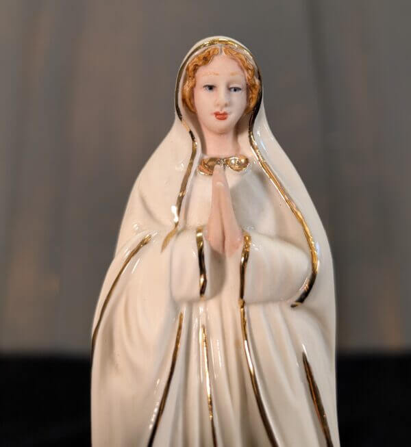 Strangely Glamorous Small Porcelain Statue of Our Lady of Fatima