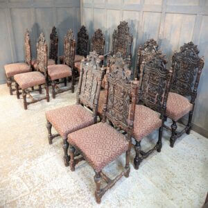 Very Large Antique Set of Carved Oak Carolean Style Dining Chairs