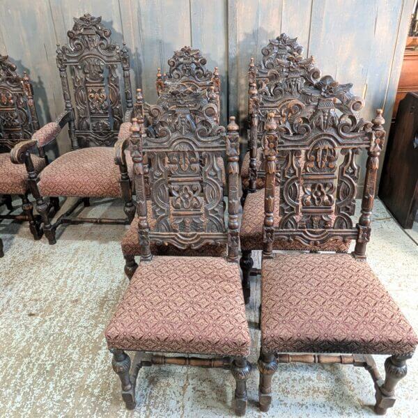 Very Large Antique Set of Carved Oak Carolean Style Dining Chairs