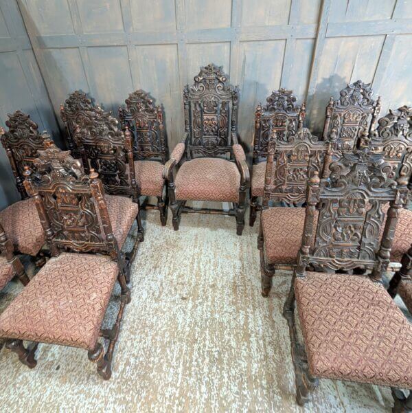 Very Large Antique Set of Carved Oak Carolean Style Dining Chairs