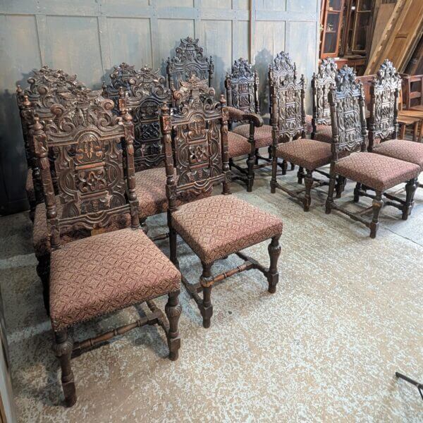 Very Large Antique Set of Carved Oak Carolean Style Dining Chairs