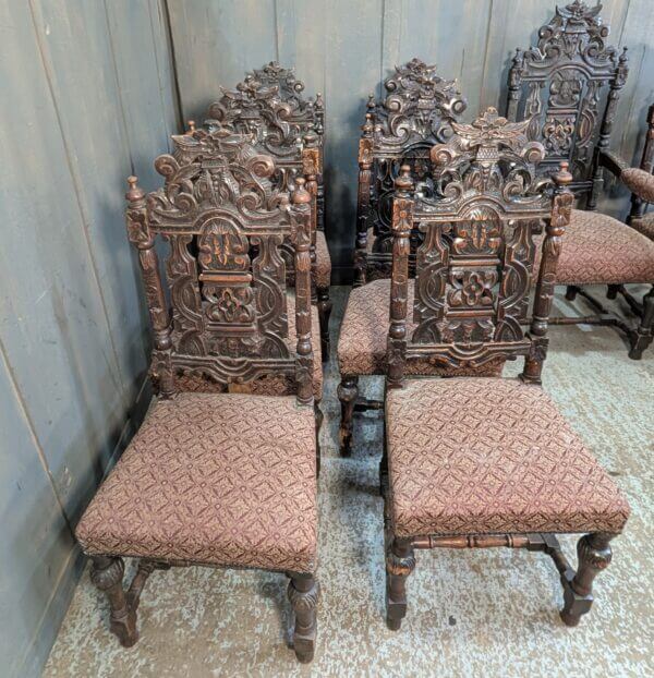 Very Large Antique Set of Carved Oak Carolean Style Dining Chairs