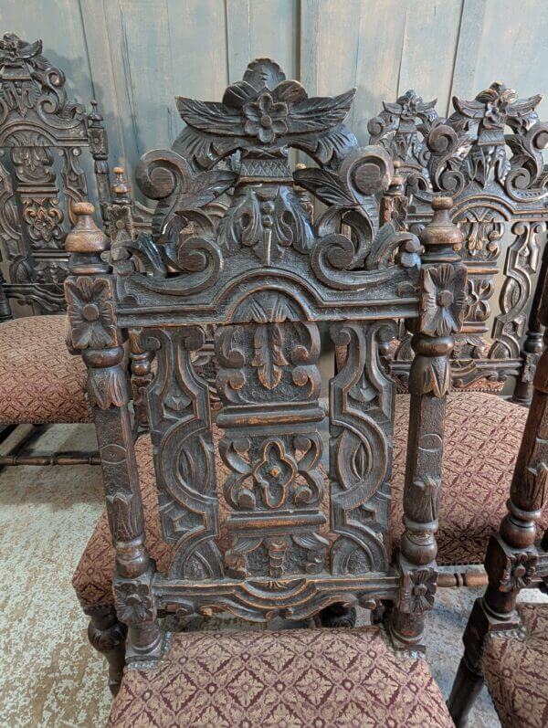 Very Large Antique Set of Carved Oak Carolean Style Dining Chairs