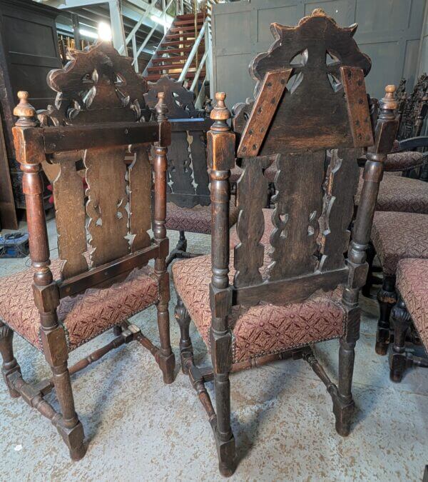 Very Large Antique Set of Carved Oak Carolean Style Dining Chairs