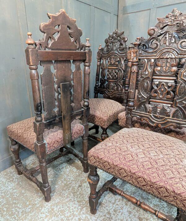 Very Large Antique Set of Carved Oak Carolean Style Dining Chairs