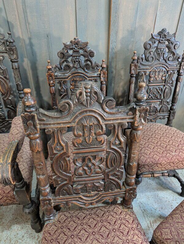 Very Large Antique Set of Carved Oak Carolean Style Dining Chairs