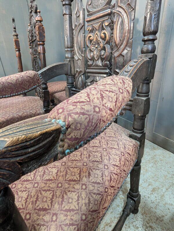 Very Large Antique Set of Carved Oak Carolean Style Dining Chairs